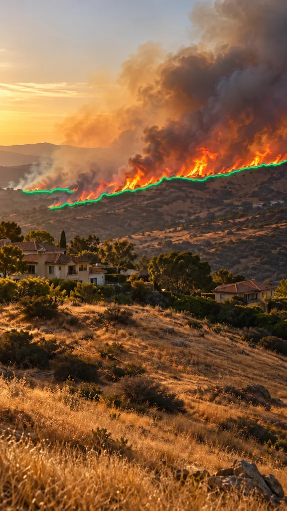 Wildfire on a dry ridge beyond homes, with its fire front traced in green.