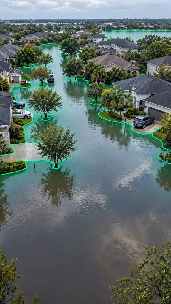 A flooded suburban street with the water edge traced in green around homes and trees.
