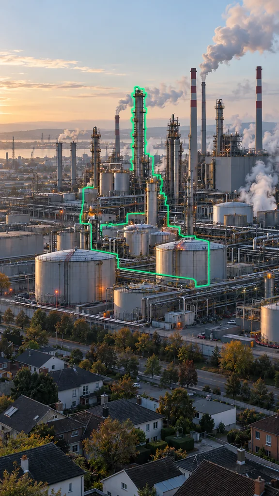 An industrial facility beside homes, with a tower and pipelines outlined in green.