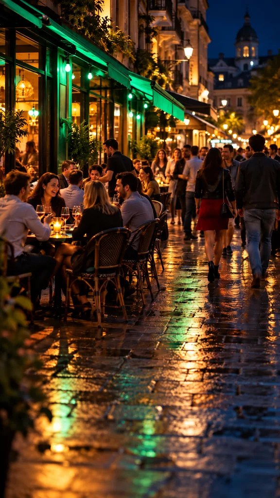 People dining outside busy neighborhood restaurants at night, with a café awning highlighted in green.