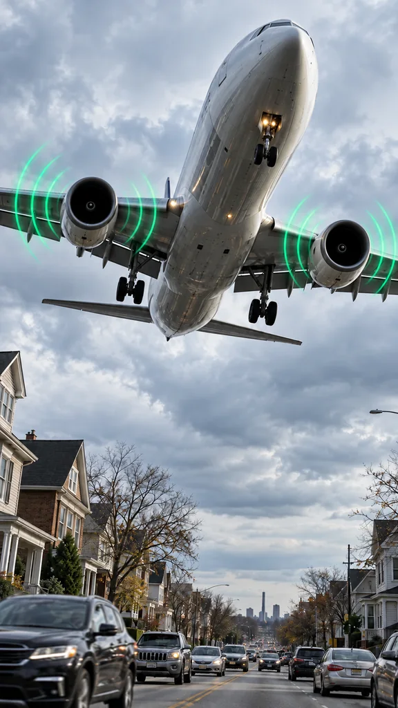 A passenger jet above neighborhood rooftops, with green sound arcs around its engines.