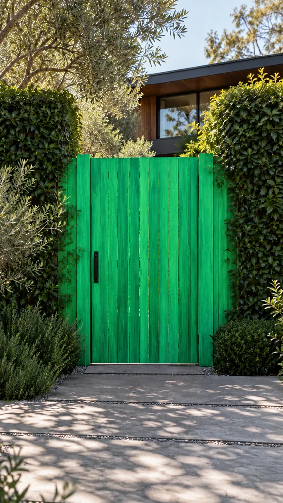 A green privacy gate and high hedge screening a secluded home courtyard.