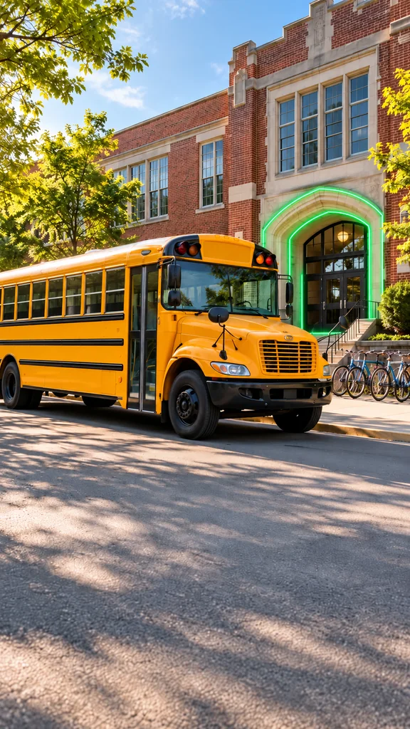 A yellow school bus outside a red brick school whose entrance is outlined in green.