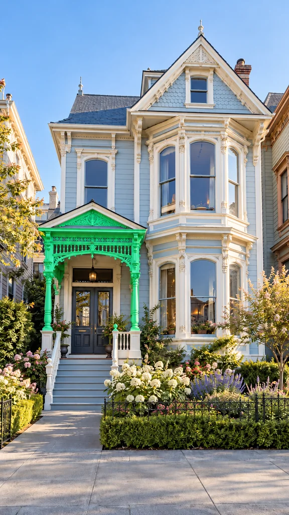 A pale blue Victorian house with its ornate porch trim highlighted in green.