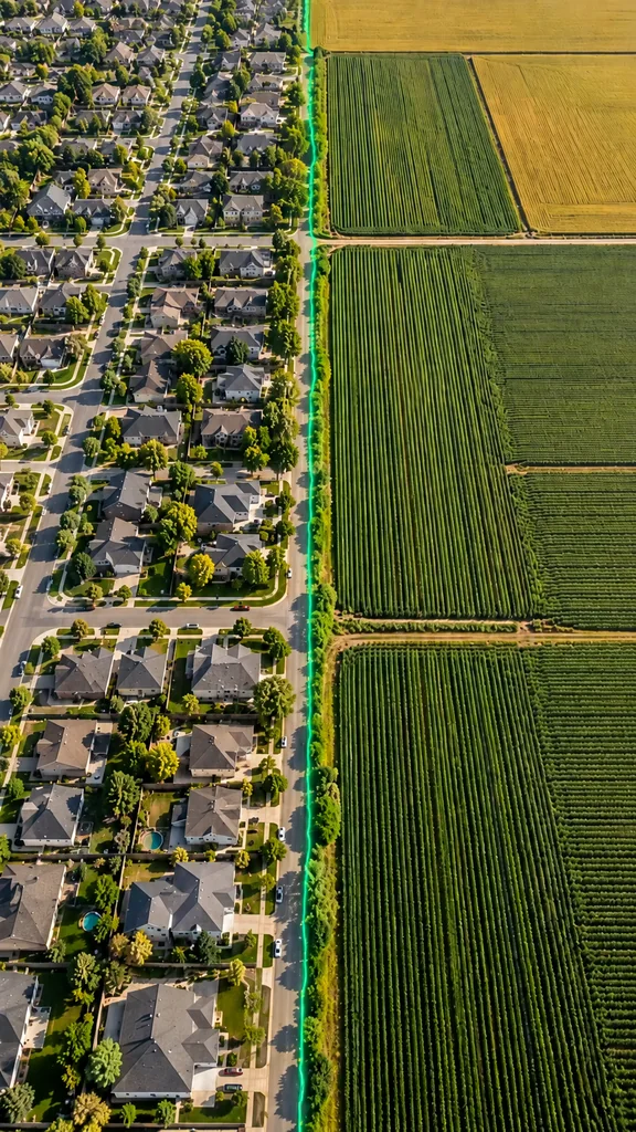 Residential blocks beside agricultural fields, with their boundary traced in green.