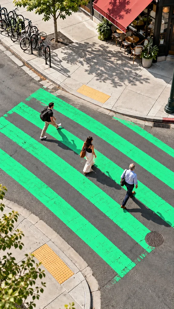 Pedestrians crossing between connected sidewalks on a zebra crossing with green stripes.