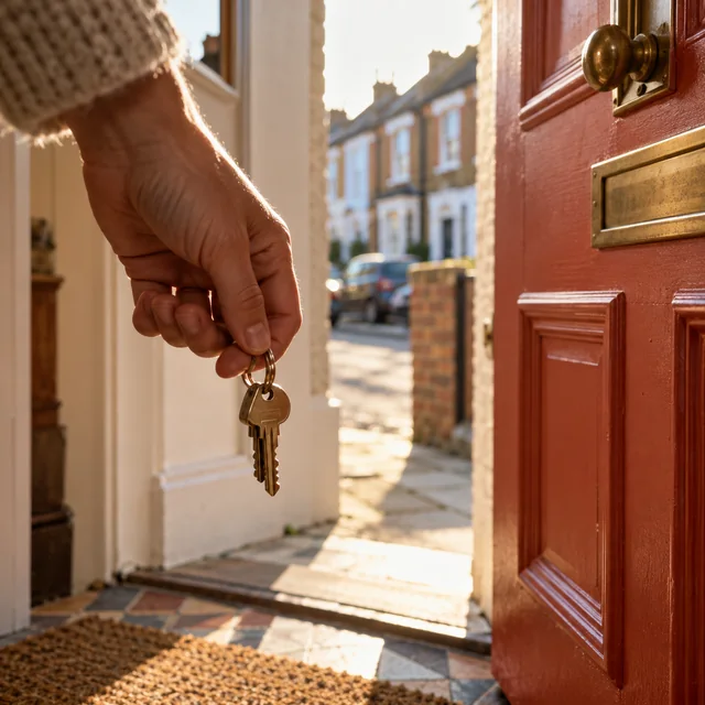 A hand holding house keys at an open red front door, with the street beyond.