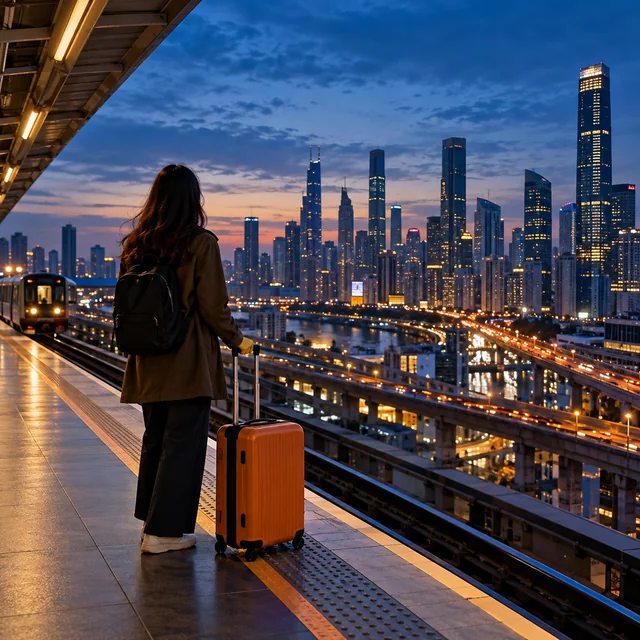 A newcomer with a suitcase looking over a city skyline from a train platform at dusk.