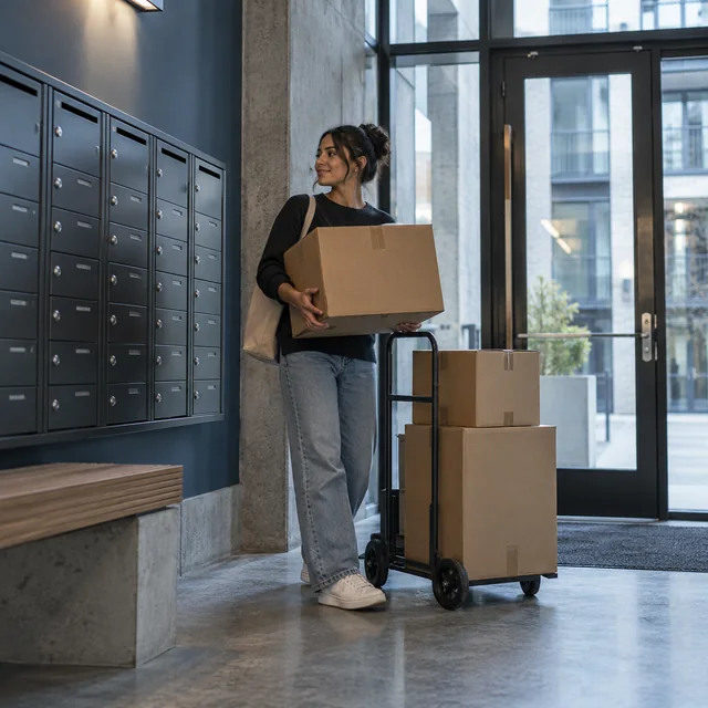 A renter with moving boxes beside the mailboxes in an apartment lobby.
