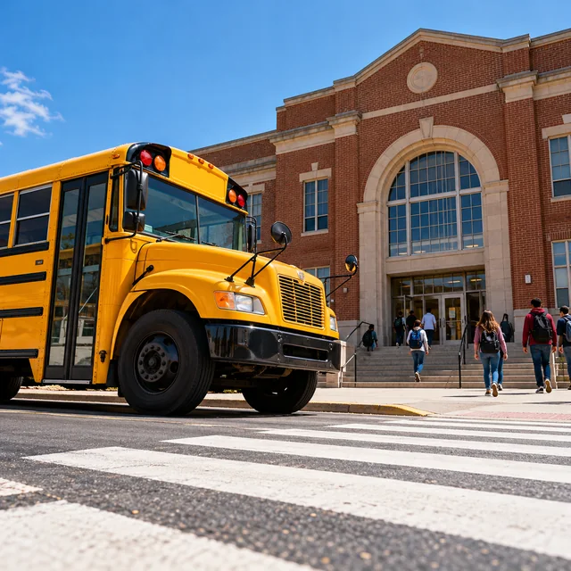 A yellow school bus at a crosswalk outside a red-brick school.